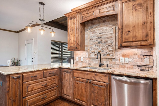 kitchen featuring a sink, backsplash, a peninsula, light stone countertops, and dishwasher