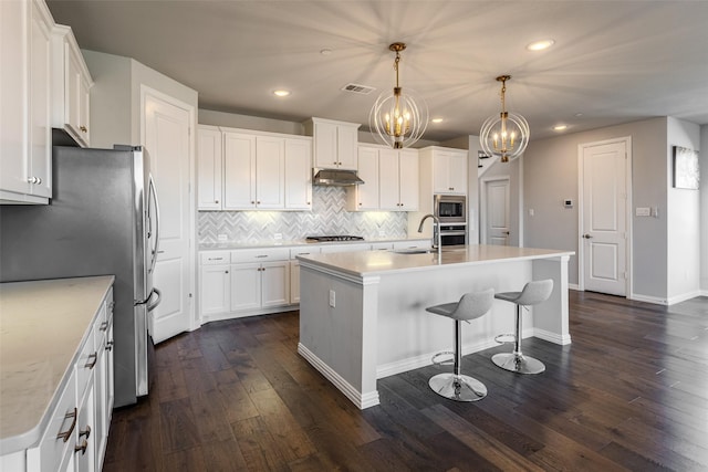 kitchen featuring dark wood-style floors, a sink, stainless steel appliances, under cabinet range hood, and tasteful backsplash