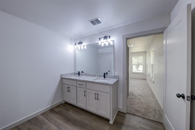 bathroom featuring double vanity, visible vents, wood finished floors, and a sink