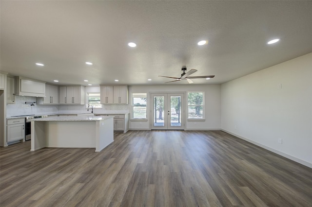 kitchen featuring decorative backsplash, french doors, and dark wood-style flooring