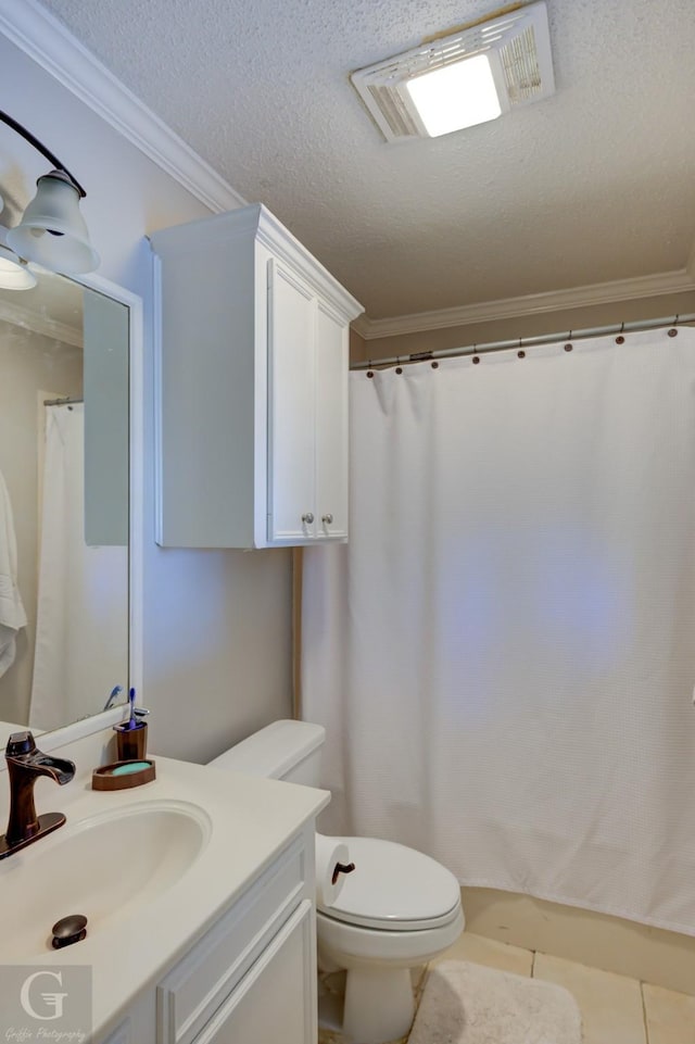 full bathroom featuring vanity, visible vents, tile patterned flooring, a textured ceiling, and toilet