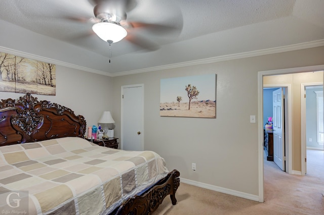 bedroom with light carpet, a ceiling fan, crown molding, and baseboards