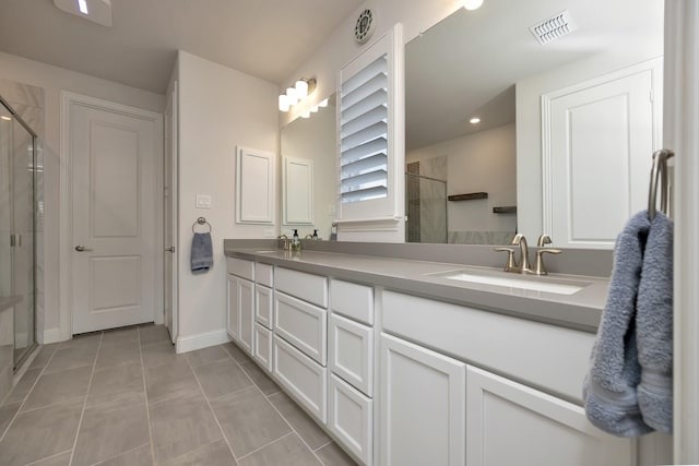 bathroom featuring a sink, visible vents, a stall shower, and double vanity