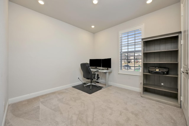 home office with recessed lighting, carpet, and baseboards