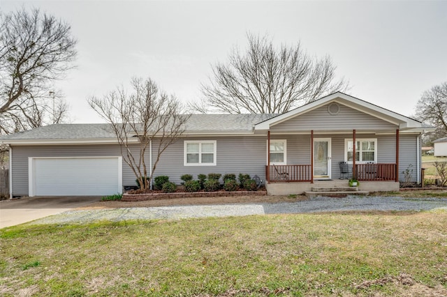 ranch-style home with a front yard, an attached garage, covered porch, and driveway