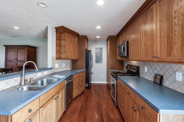 751 E Cooper St, Van Alstyne, TX 75495 - kitchen with stainless steel appliances, a sink, open shelves, electric panel, and recessed lighting