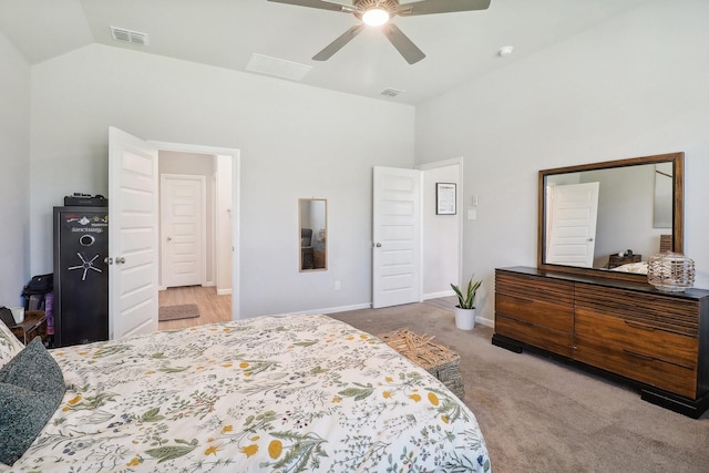 bedroom with visible vents, a ceiling fan, baseboards, carpet, and lofted ceiling