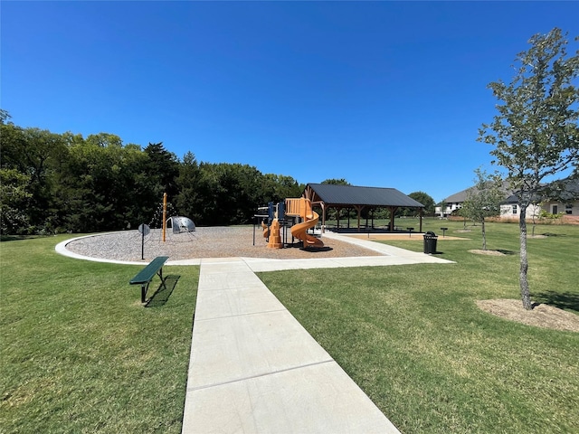 communal playground with a gazebo and a lawn