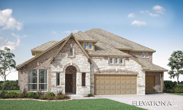 french provincial home featuring brick siding, stone siding, decorative driveway, and a garage