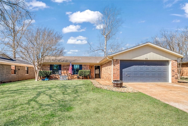 single story home with a garage, a front yard, concrete driveway, and brick siding