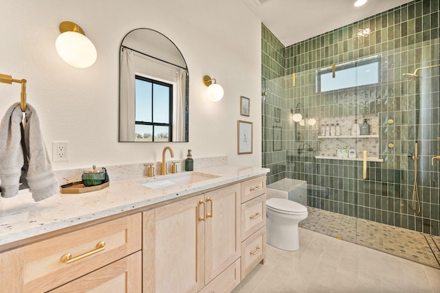 full bathroom featuring toilet, vanity, and walk in shower