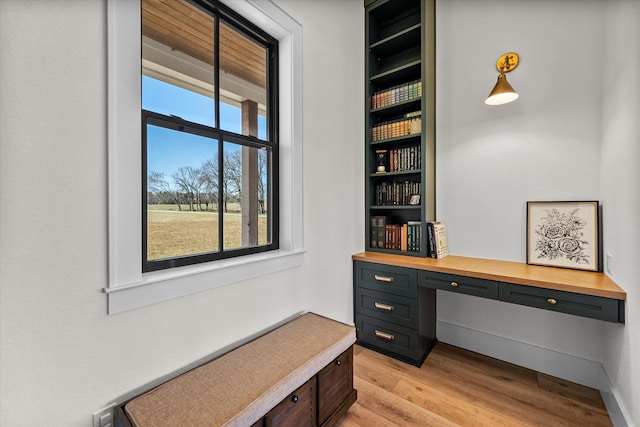 office area with light wood finished floors and built in study area