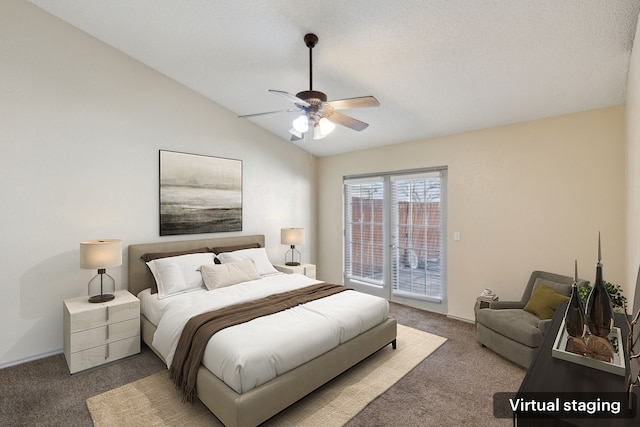 carpeted bedroom with baseboards, a ceiling fan, lofted ceiling, and access to outside