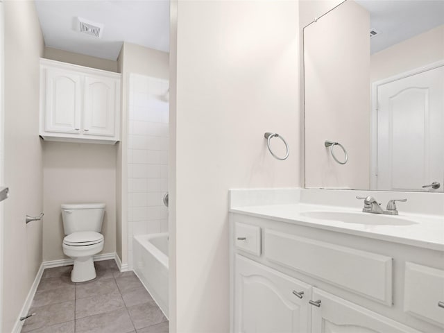 full bathroom featuring tile patterned floors, visible vents, toilet, baseboards, and vanity