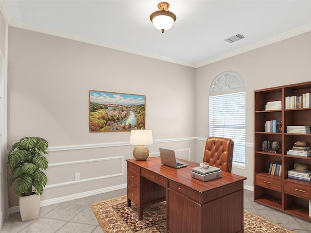 office space with visible vents, light tile patterned flooring, and ornamental molding