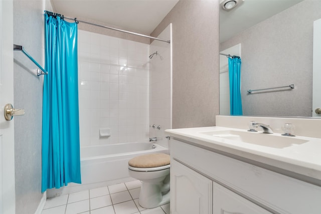 bathroom with tile patterned flooring, vanity, toilet, and shower / bathtub combination with curtain