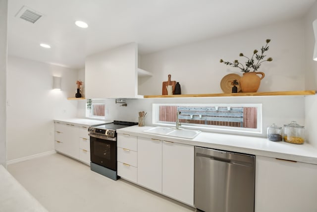 kitchen with visible vents, open shelves, a sink, white cabinetry, and stainless steel appliances