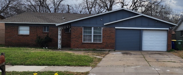 ranch-style house with a front lawn, driveway, board and batten siding, a garage, and brick siding