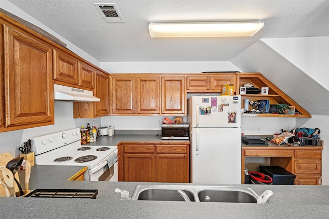 kitchen featuring white appliances, visible vents, a sink, under cabinet range hood, and a textured ceiling