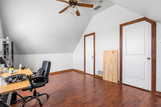 office with vaulted ceiling, wood finished floors, visible vents, and ceiling fan