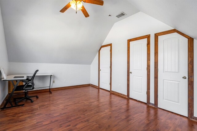 office area with ceiling fan, visible vents, wood finished floors, and vaulted ceiling