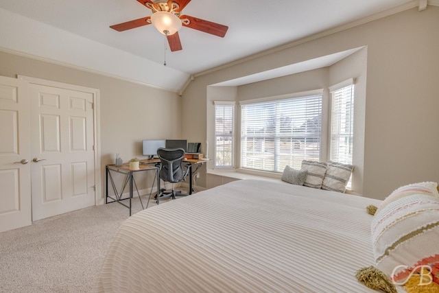 bedroom with ceiling fan, ornamental molding, carpet flooring, and vaulted ceiling