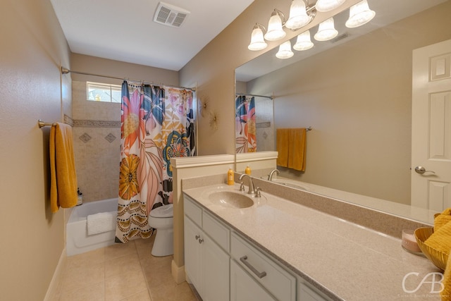 full bathroom featuring tile patterned floors, visible vents, shower / bathtub combination with curtain, toilet, and vanity