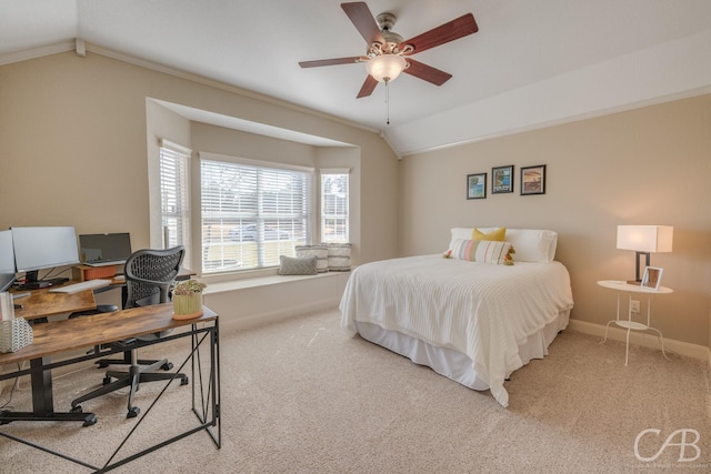 bedroom with lofted ceiling, baseboards, carpet floors, and ceiling fan