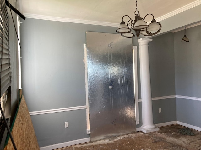 unfurnished bedroom featuring an inviting chandelier, crown molding, baseboards, and decorative columns