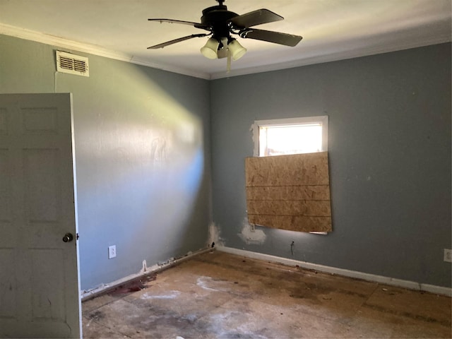 spare room with visible vents, baseboards, a ceiling fan, and crown molding