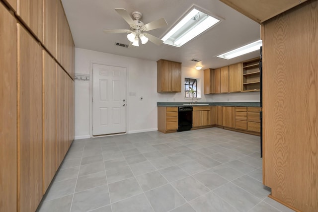 kitchen with dark countertops, visible vents, dishwasher, a ceiling fan, and open shelves