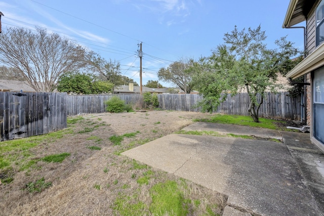 view of yard with a fenced backyard and a patio