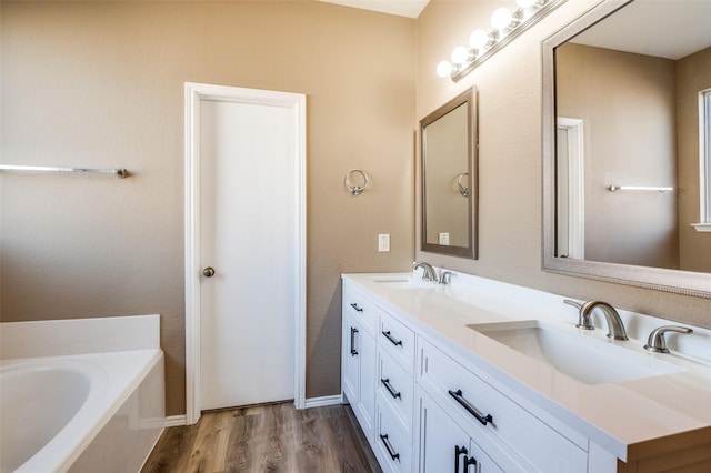 bathroom with double vanity, wood finished floors, a tub, and a sink