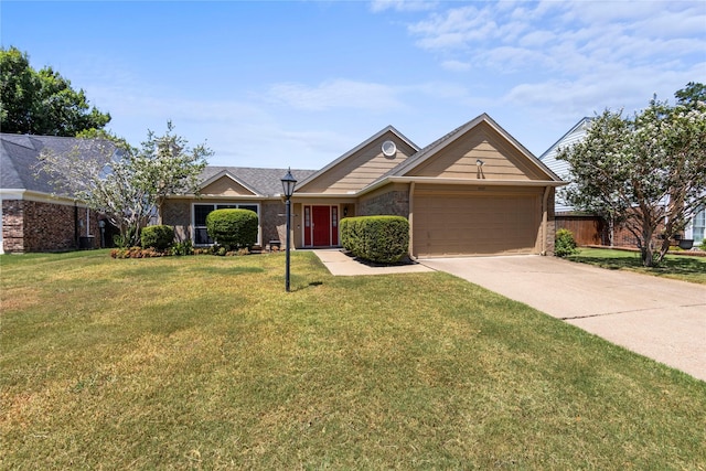 ranch-style house featuring brick siding, an attached garage, concrete driveway, and a front lawn