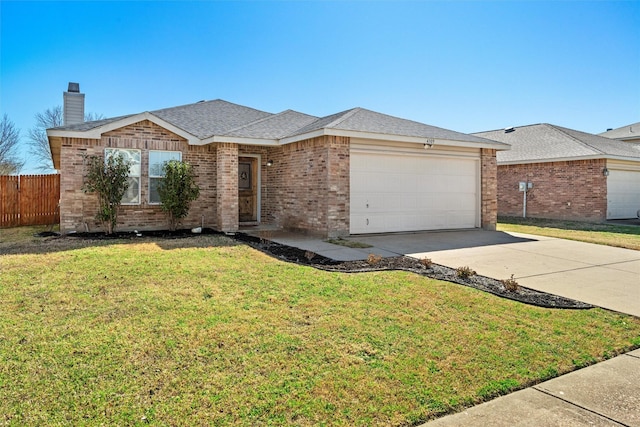 single story home with brick siding, fence, a front yard, driveway, and an attached garage