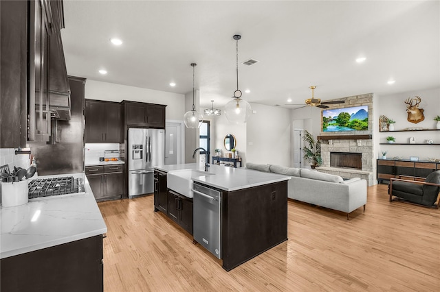 kitchen with dark brown cabinetry, decorative backsplash, light wood-style floors, stainless steel appliances, and a sink