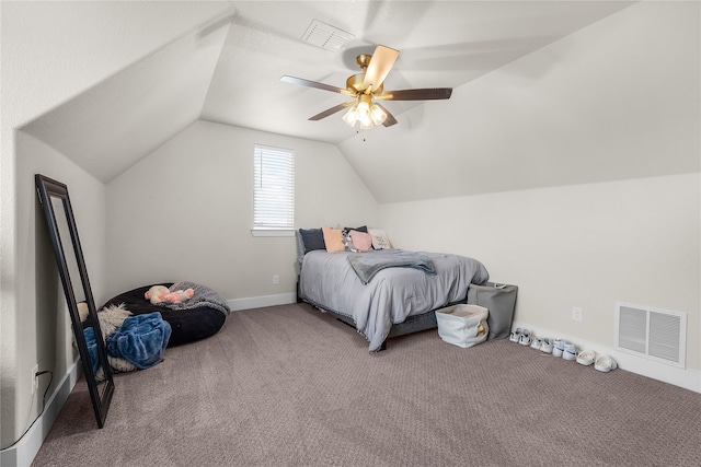 bedroom featuring lofted ceiling, carpet flooring, a ceiling fan, and visible vents