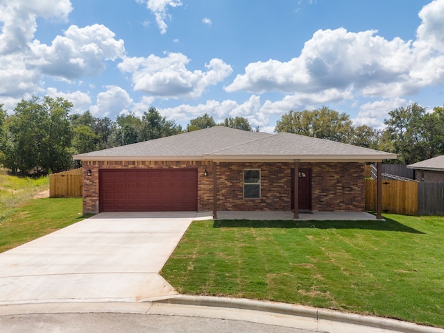 ranch-style house featuring brick siding, a front lawn, and fence