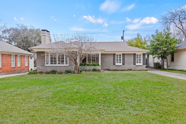 ranch-style house with a front lawn, a chimney, brick siding, and crawl space