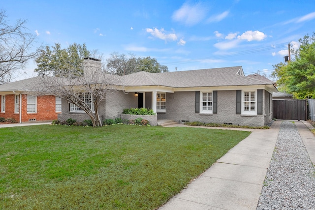 single story home featuring fence, a front yard, crawl space, brick siding, and a chimney