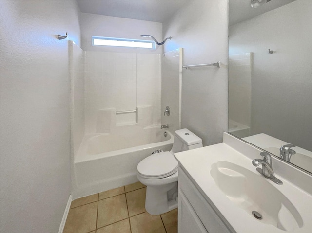 bathroom with tile patterned floors, shower / bath combination, toilet, and vanity