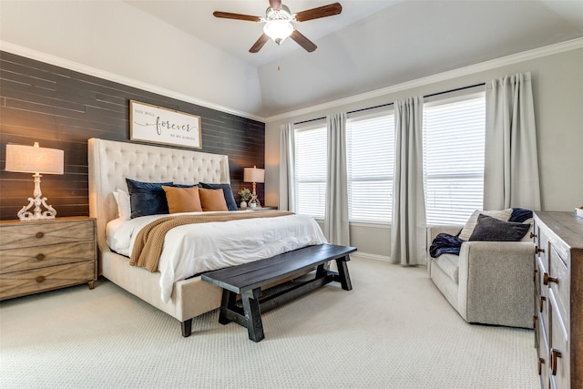 bedroom with lofted ceiling, a ceiling fan, and carpet flooring