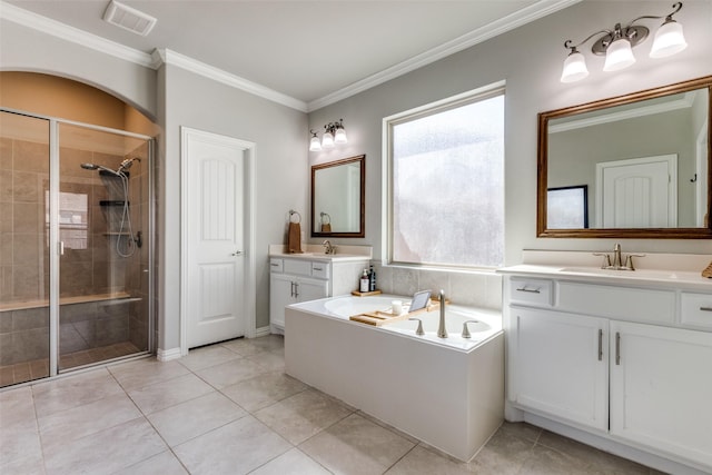 bathroom with a sink, visible vents, a stall shower, and ornamental molding