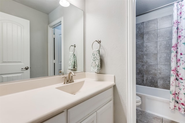 full bath with toilet, vanity, and shower / bath combination with curtain