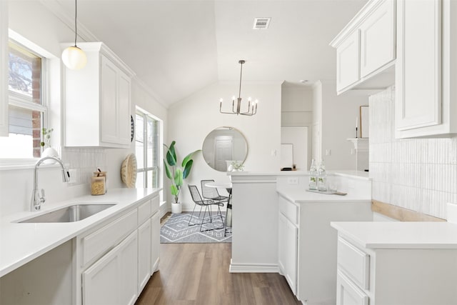 kitchen featuring visible vents, backsplash, dark wood finished floors, lofted ceiling, and a sink