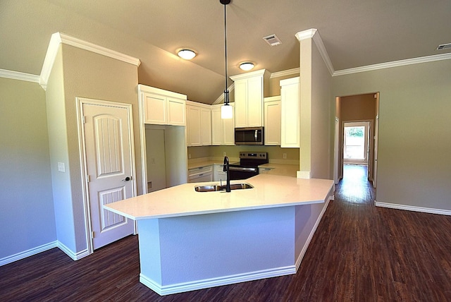 110 Saint Francis Ln, Mabank, TX 75156 - kitchen featuring appliances with stainless steel finishes, crown molding, a peninsula, baseboards, and dark wood-style floors