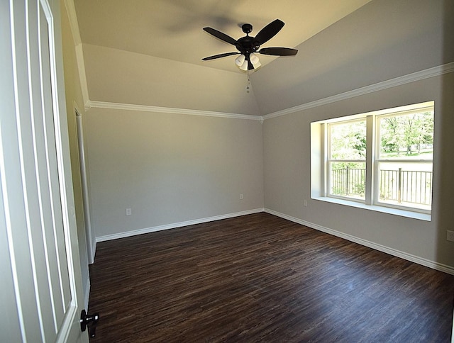 110 Saint Francis Ln, Mabank, TX 75156 - empty room featuring vaulted ceiling, dark wood-style flooring, baseboards, and a ceiling fan