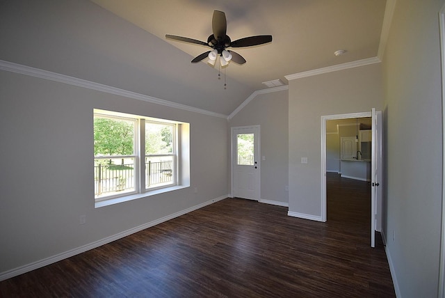 110 Saint Francis Ln, Mabank, TX 75156 - unfurnished room with lofted ceiling, dark wood finished floors, a ceiling fan, baseboards, and crown molding