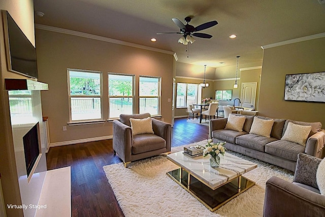 110 Saint Francis Ln, Mabank, TX 75156 - living area featuring recessed lighting, dark wood-type flooring, ceiling fan, ornamental molding, and baseboards