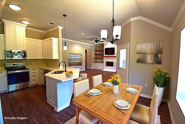 110 Saint Francis Ln, Mabank, TX 75156 - kitchen with appliances with stainless steel finishes, a sink, a peninsula, dark wood-style flooring, and light countertops